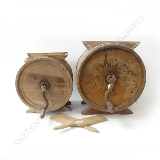 2 VINTAGE BUTTER CHURNS - both w. borer