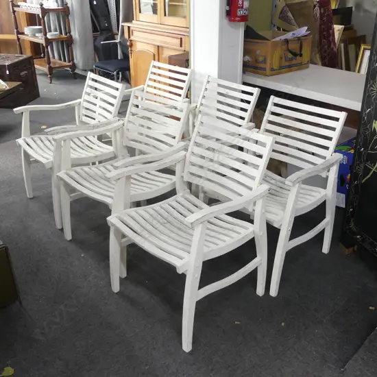 6 WHITE PAINTED OUTDOOR ARMCHAIRS