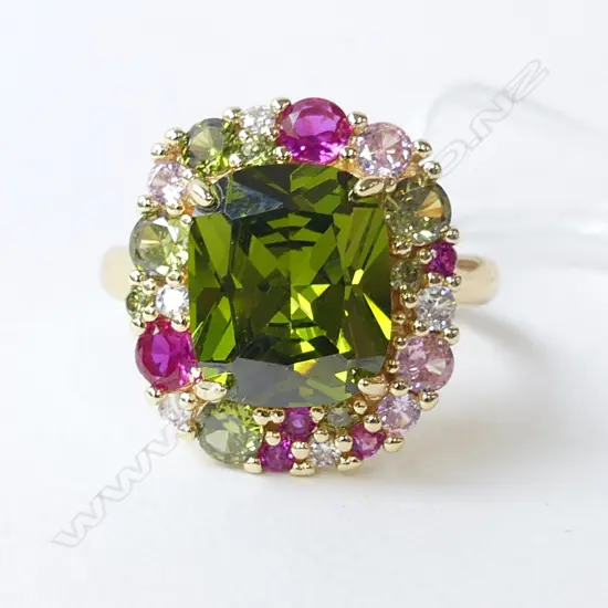 MULTI COLOURED STONE RING IN GREENS & PINKS, SIZE S