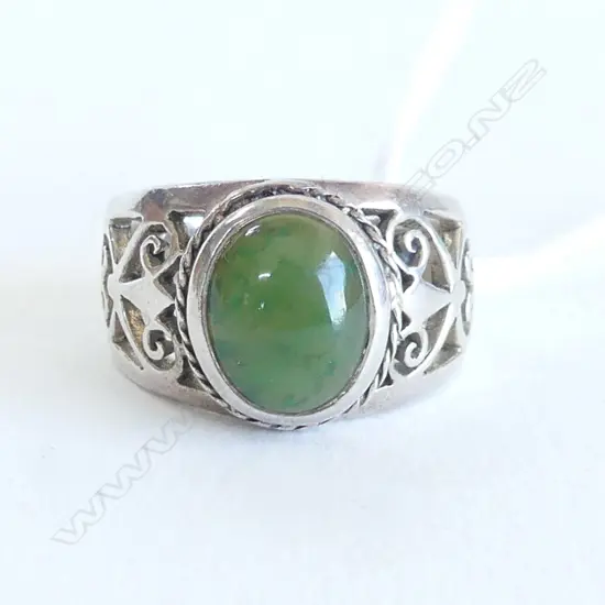 SILVER & POUNAMU DESIGNER RING pierced shoulders' w koru hearts