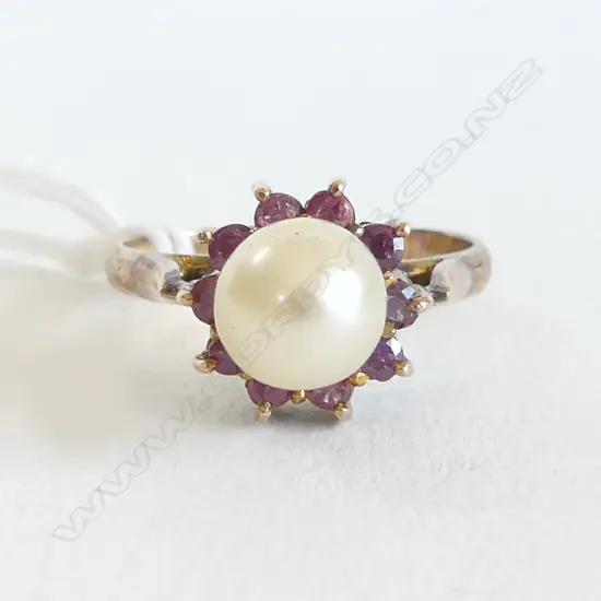 14k ROSE GOLD PEARL & RUBY ? RING 3.5gms