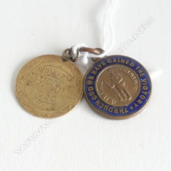 9ct GOLD NZ 'WESNEY' FOB MEDALLION 1920 2.4gms + WWI medallion 'Through God we Gained the Victory' by G. Moller Dunedin