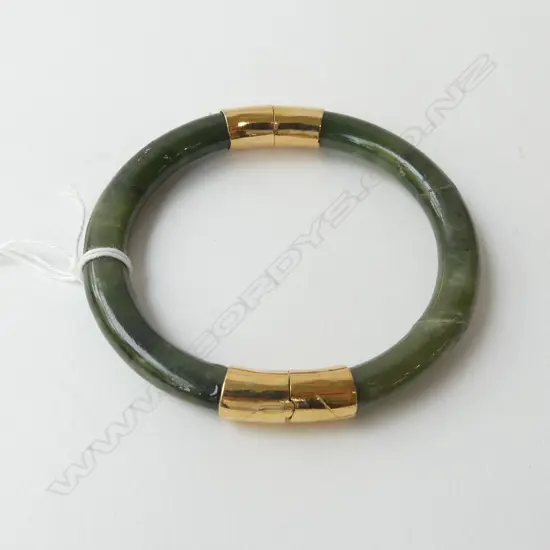 ORIENTAL JADE & GILT HINGED BANGLE broken & repaired