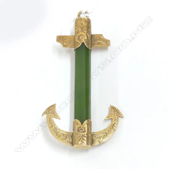 15CT GOLD & POUNAMU ANCHOR PENDANT BROOCH early 20thC H.60mm