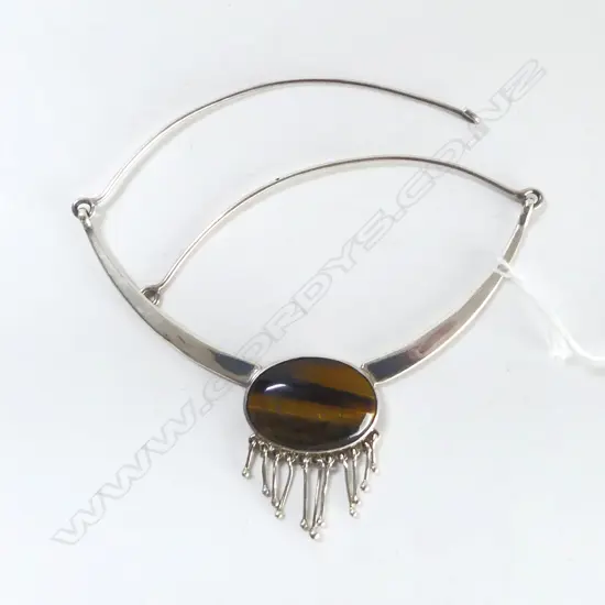 DESIGNER SILVER & TIGERS EYE NECKLET W ROD TASSLE FRINGE