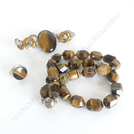 SET OF RETRO TIGER EYE JEWELLERY 925 SILVER BRACELET RING & NECKLACE 
