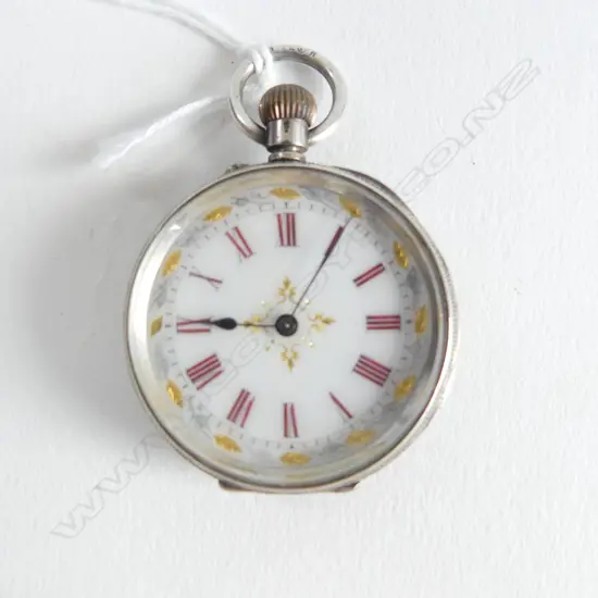 c1900 SILVER MID SIZE OPEN FACE FOB WATCH red Roman numerals & gilt to dial apparently running