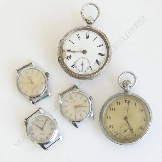 5 watches: BUREN RIVAL POCKET WATCH running + 3 wrist watches & 1 other pocket watch. Some faults