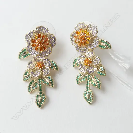 SPARKLY FLORAL DROP EARRINGS, ORANGE & GREEN DIAMANTE