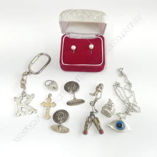 ASST SILVER JEWELLERY: WAX FOB SEAL + CUFF LINKS + CROSS + EARRINGS ETC