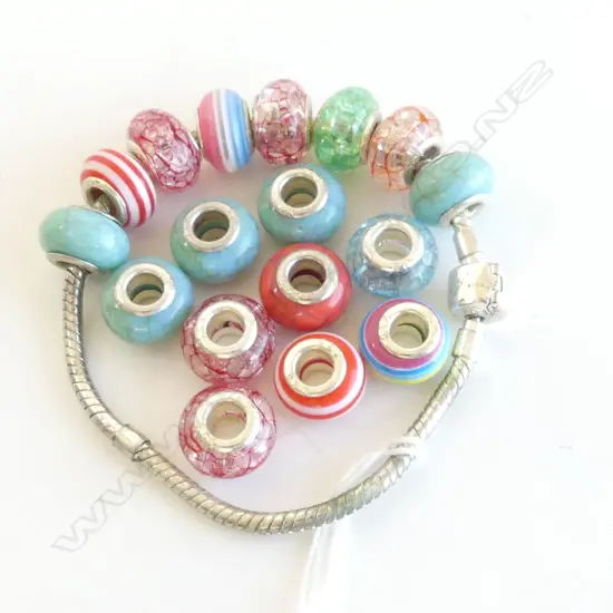 17 ASST. 925 MURANO? BEADS + BRACELET