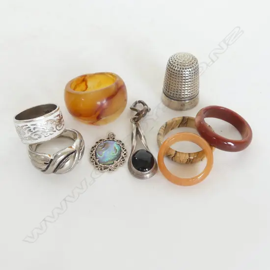 6 RINGS; 4 STONE, 2 STG?, PENDANT, THIMBLE