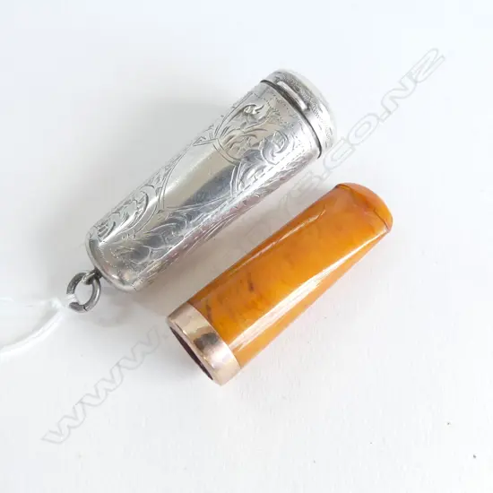 Birmingham 1912 SILVER ENGRAVED CIGAR HOLDER W 9ct gold mounted amber style holder