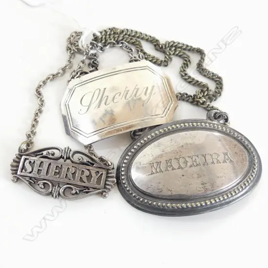 3 DECANTER TAGS; 1 STG 15gms + SHERRY & MADEIRA