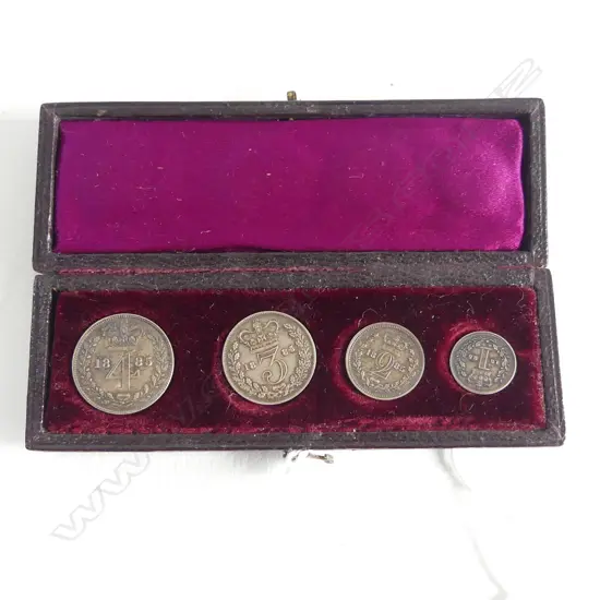 1885 .MAUNDY MONEY' BOXED SET 4.3.2.1. velvet lined leather box tooled gilt w British Coat of Arms & 'Maundy Money'