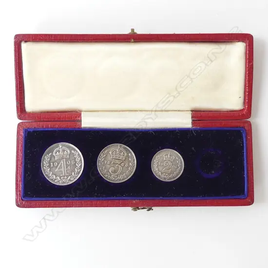 3 CASED SILVER COIN 1906 MAUNDY MONEY SET red leather & gilt dated case missing 1d