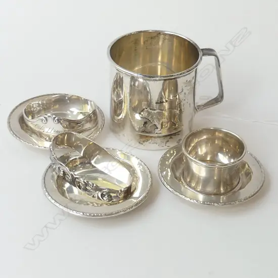 7 PCES 830 SILVER; MUG, 3 NAPKIN RINGS, 3 PIN DISHES 193gms