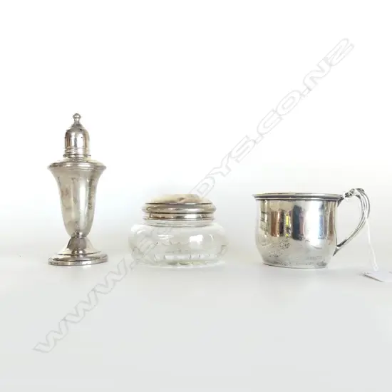 3 SILVER PCES; VANITY JAR, PEPPERETTE, CONTIENTAL SILVER CUP 73gms