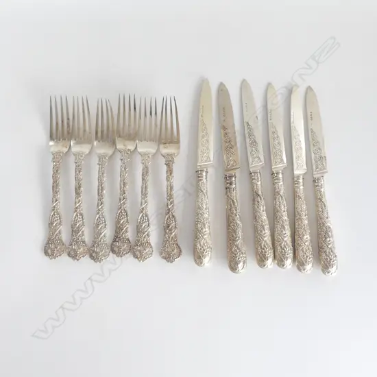 FANCY VICTORIAN SILVER 6 FRUIT KNIFE & 6 FORK SET  London 1853 by Francis Higgins II
