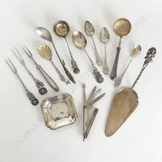 ASST. CONTINENTAL SILVER? CUTLERY + 830 SQ. DISH ETC
