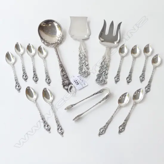 12 830 SILVER COFFEE SPOONS + SUGAR TONGS + LG SPOON 152gms + PR SILVER? SERVERS