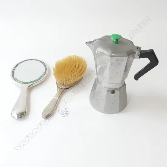OLD STOVETOP ESPRESSO WITH GREEN BAKELITE FINIAL & SILVER MIRROR & HAIRBRUSH, 1919