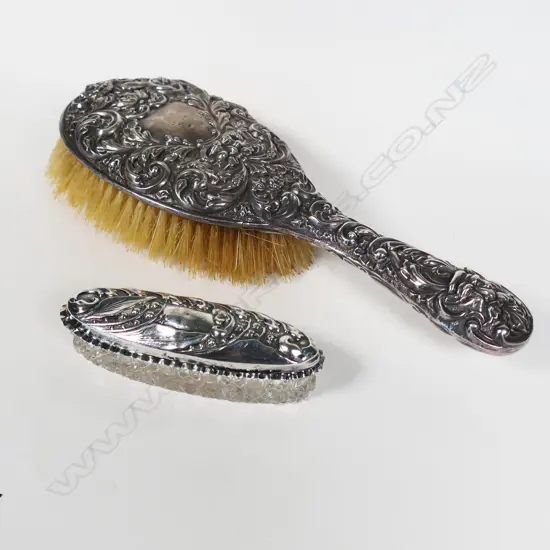 2 PC, CUT CRYSTAL SILVER TOPPED VANITY JAR, LONDON & ORNATE SILVER TOPPED HAIRBRUSH, CHESTER 1900