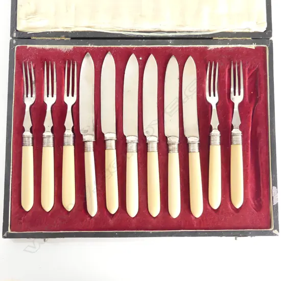 ANTIQUE IVORINE HANDLED CUTLERY, CASED (1 FORK MISSING)