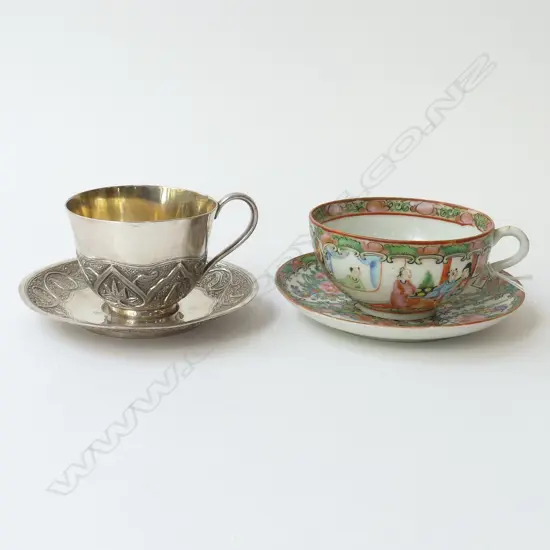 OLD CHINESE FAMILE ROSE CUP & SAUCER AND PERSIAN? INTERIOR GILDED CUP & SAUCER