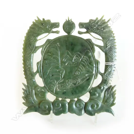 RTV CHINESE HOTIAN JADE PLAQUE PR DRAGONS FLANKING PANEL H.150mm