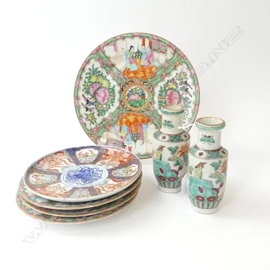 5 ORIENTAL PLATES 240mm dia, PR VASES H.140mm