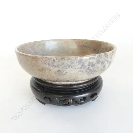 ORIENTAL CARVED STONE BOWL 160mm dia ON STAND