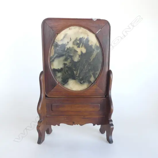 CHINESE OLD mountainous type MARBLE OVAL PANEL IN ROSEWOOD FRAME & STAND slight fault to top of frame H.390mm.