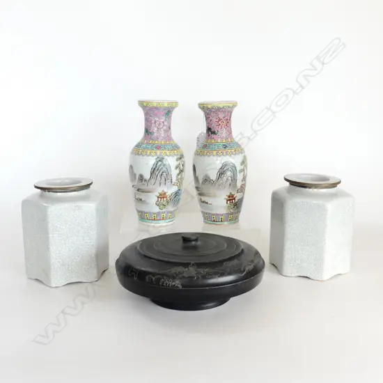 5 PCS ORIENTAL WARE, 2 FAMILLE ROSE VASES & 2 CRACKLE GLAZED TEA CADDIES &  STONE INK JAR