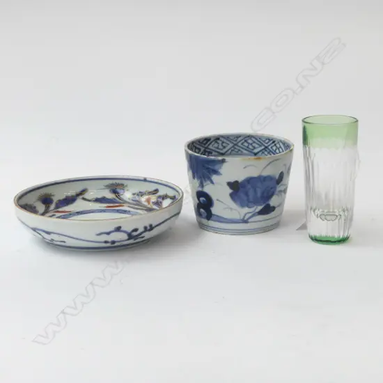 LATE EDO DISH 120mm dia & B/W SOBA CHOKO + KAGAMI SHOT GLASS H.85mm