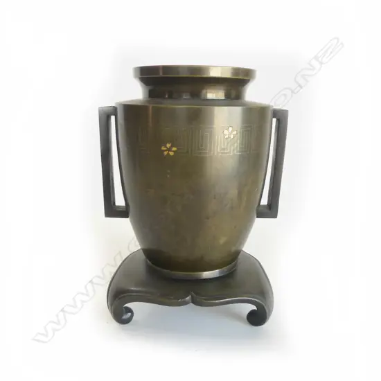 RTV MEIJI JAPANESE BRONZE VASE ON STAND SHIBAYAMA OVERLAYED METALS H.230mm.