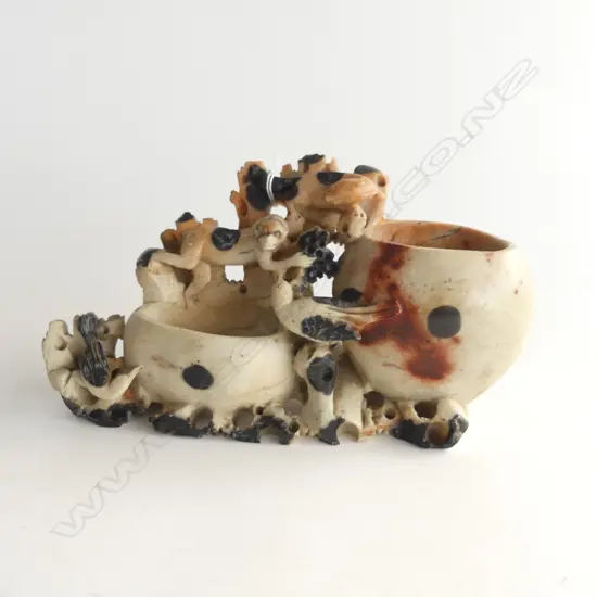 OLD CHINESE SLOAPSTONE CARVED FIGURAL GROUP, AS MONKEES AND BIRDS AMONGST FOLIAGE. 210X50X130mm