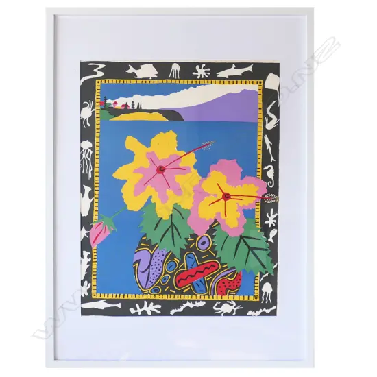 PAMELA WOLFE 'HIBISCUS', SCREENPRINT, 1987. 600 x 460mm, foxing, CONTEMP FRAME W PERSPEX