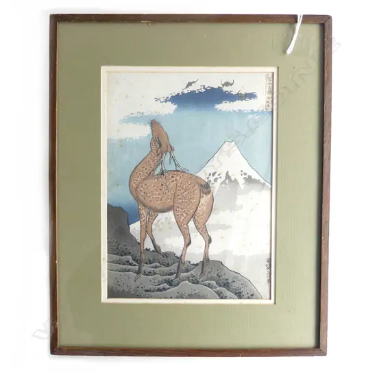 HOKUSAI WOODBLOCK PRINT 'DEER BATS AND MT. FUJI' foxed 270 x 200mm