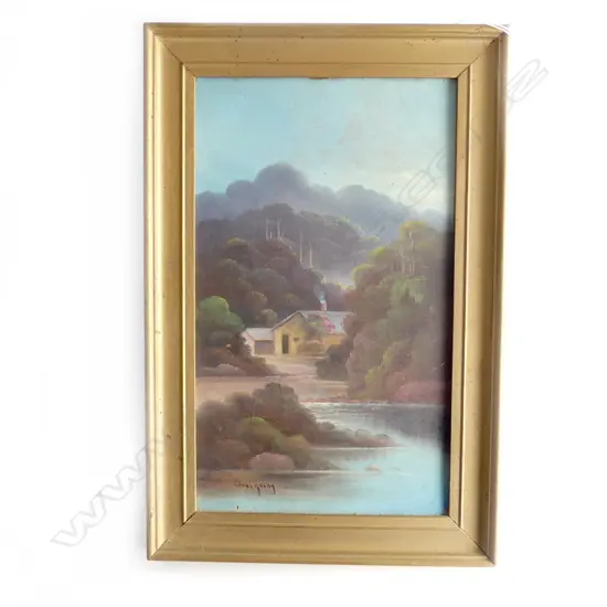 CHAS YOUNG OIL ON PANEL NZ COLONIAL BUSH COTTAGE signed 325 x 190mm