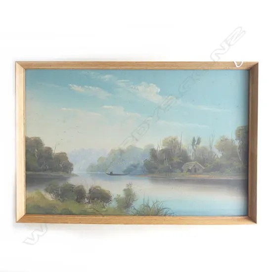 UNSIGNED (MAYCLAIR/CHAS YOUNG ?) OIL RIVER SCENE W WHARE 275 x 420mm