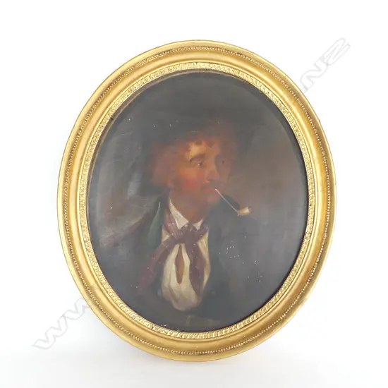 ARTIST UKNOWN, LG ANTIQUE OVAL PORTRAIT, MAN w. PIPE, OIL ON CANVAS 500x420mm LOOSE IN GILT FRAME