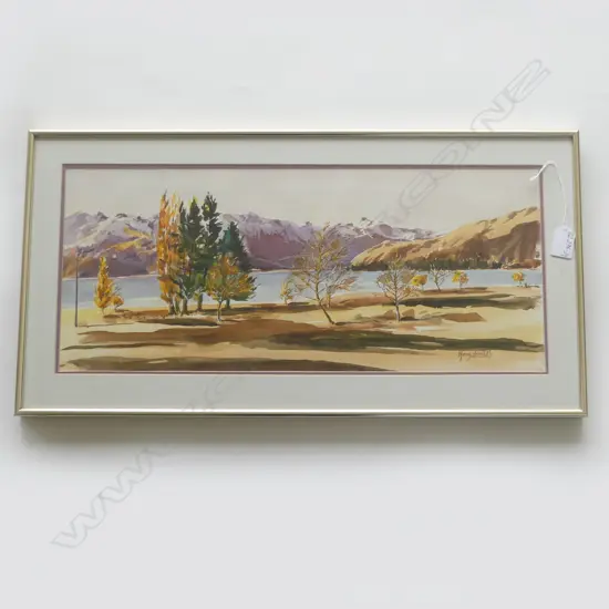 FRAMED WATERCOLOR OF LAKE WANAKA BY HANS VAN LITH. SIGNED 240X560mm
