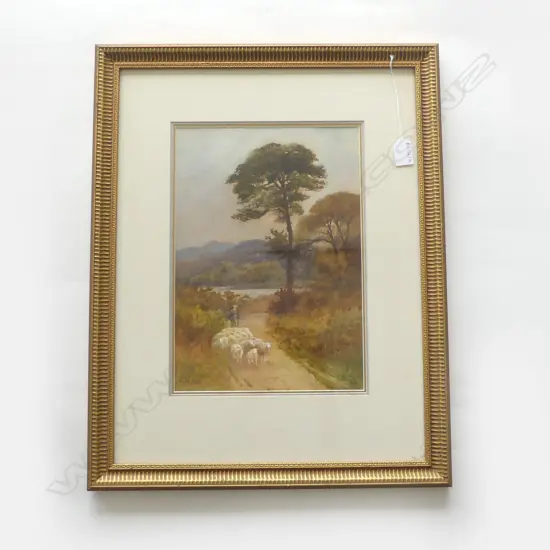 J. C. SALMON, FARMER WALKING SHEEP IN WOODED LANDSCAPE, WC 350x245mm