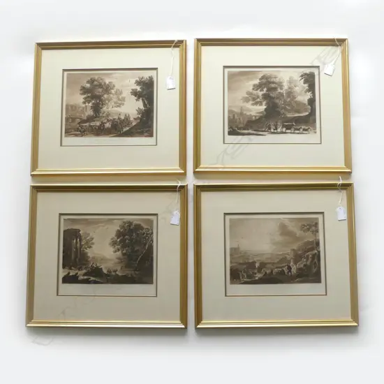 FOUR FRAMED PRINTS. LANDSCAPE THEMES SEPIA TONED STEEL ENGRAVINGS AFTER CLAUDE LORRAINE. ALL 230x280mm