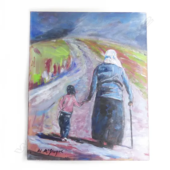 W McGREGOR ACYLIC PAINTING DAME WHINA COOPER LEAD THE 1975 LAND MARCH HIKOI.500 x 400mm