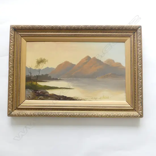 COLONIAL ARTIST UNKNOWN OIL ON CANVAS STH IS LAKE & MOUNTAIN SCENE 370 X 620mm GILT FRAMED