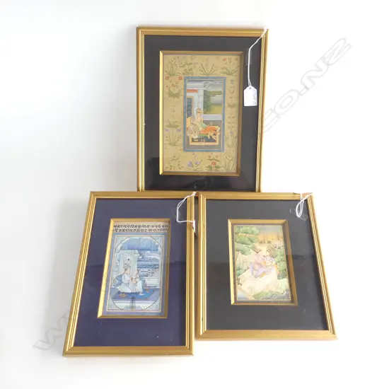 3 FINE INDIAN PAINTINGS COUPLES IN PALACE SETTINGS 165 X 95mm etc each in own frame 