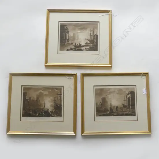 THREE FRAMED PRINTS. SEPIA TONED STEEL ENGRAVINGS AFTER CLAUDE LORRAINE. MARITIME THEMES ALL 230x280mm