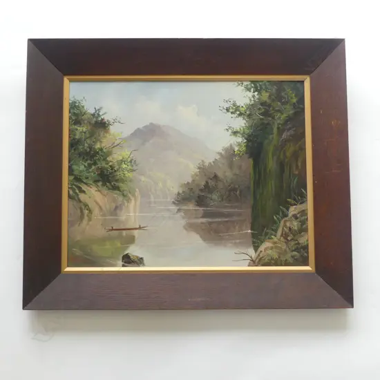 EARLY 20THC OIL ON BOARD BY ROLLASON GOOD EXAMPLE OF THE GENRE PROBABLY WANGANUI RIVER WITH WAKA. SIGNED 370X470mm